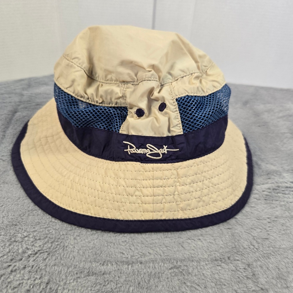 Panama Jack Kids Sun Hat Tan Navy Blue Mesh Breathable Bucket Hat Size 4-6X